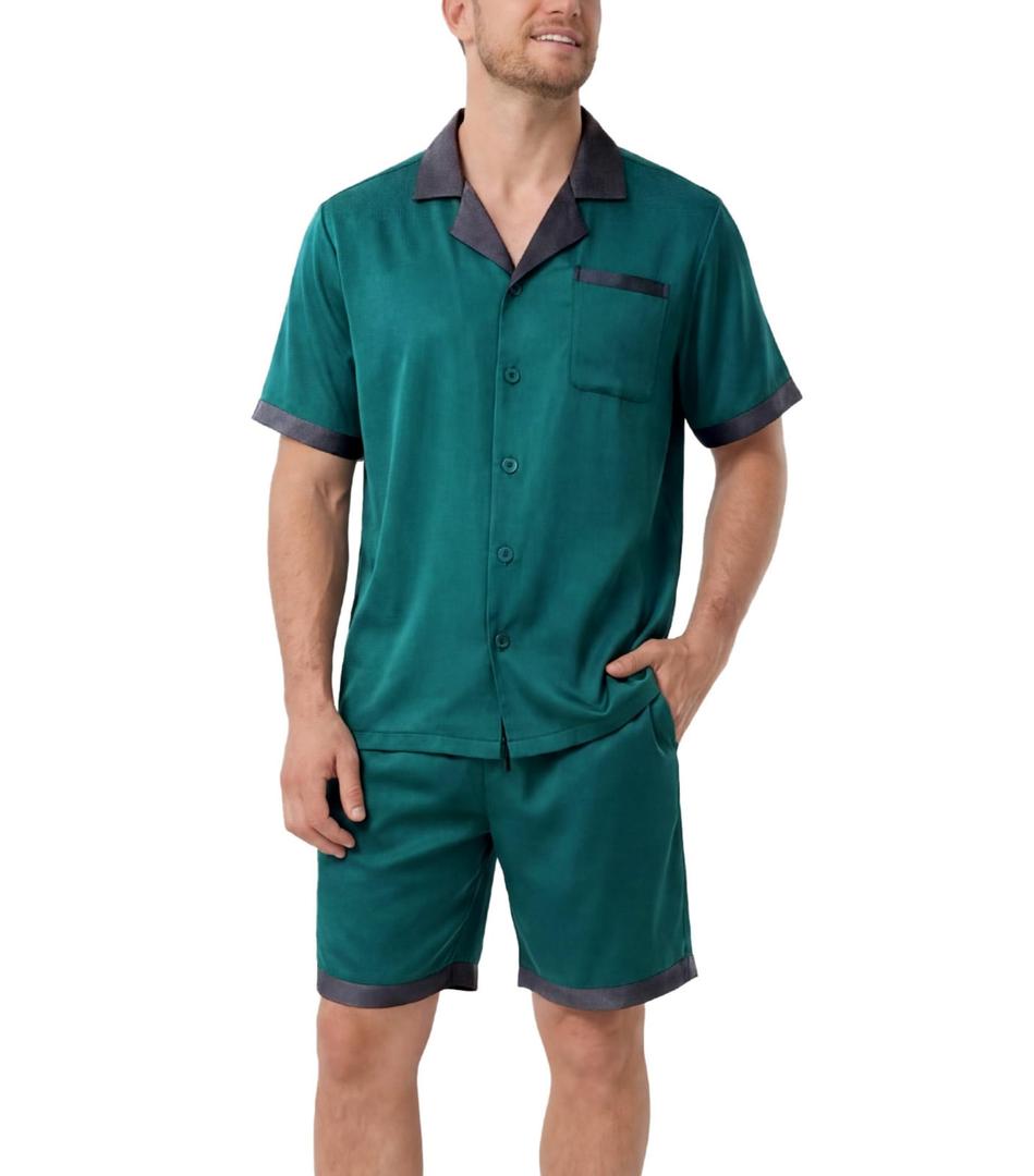DAVID ARCHY Men's Satin Pajama Set Soft Summer Loungewear (M, Green) (M)