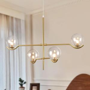 4 Lights Gold Sputnik Chandelier, Modern Large L31 '' Mid Century Long Ceiling Pendant Light Fixtures with Clear Glass Globe Shades for High Ceiling Living Room Foyer Dining Room Bedroom