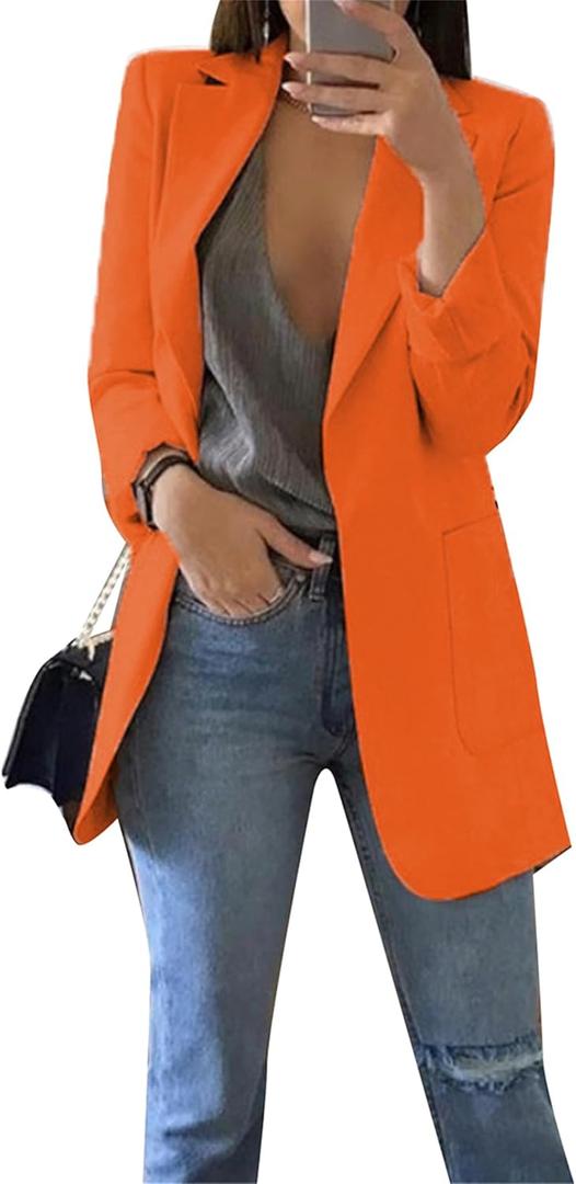 FLITAY Womens Long Sleeve Solid Color Blazer Open Front Slim Fit Work Jackets Coat (Large, Orange)