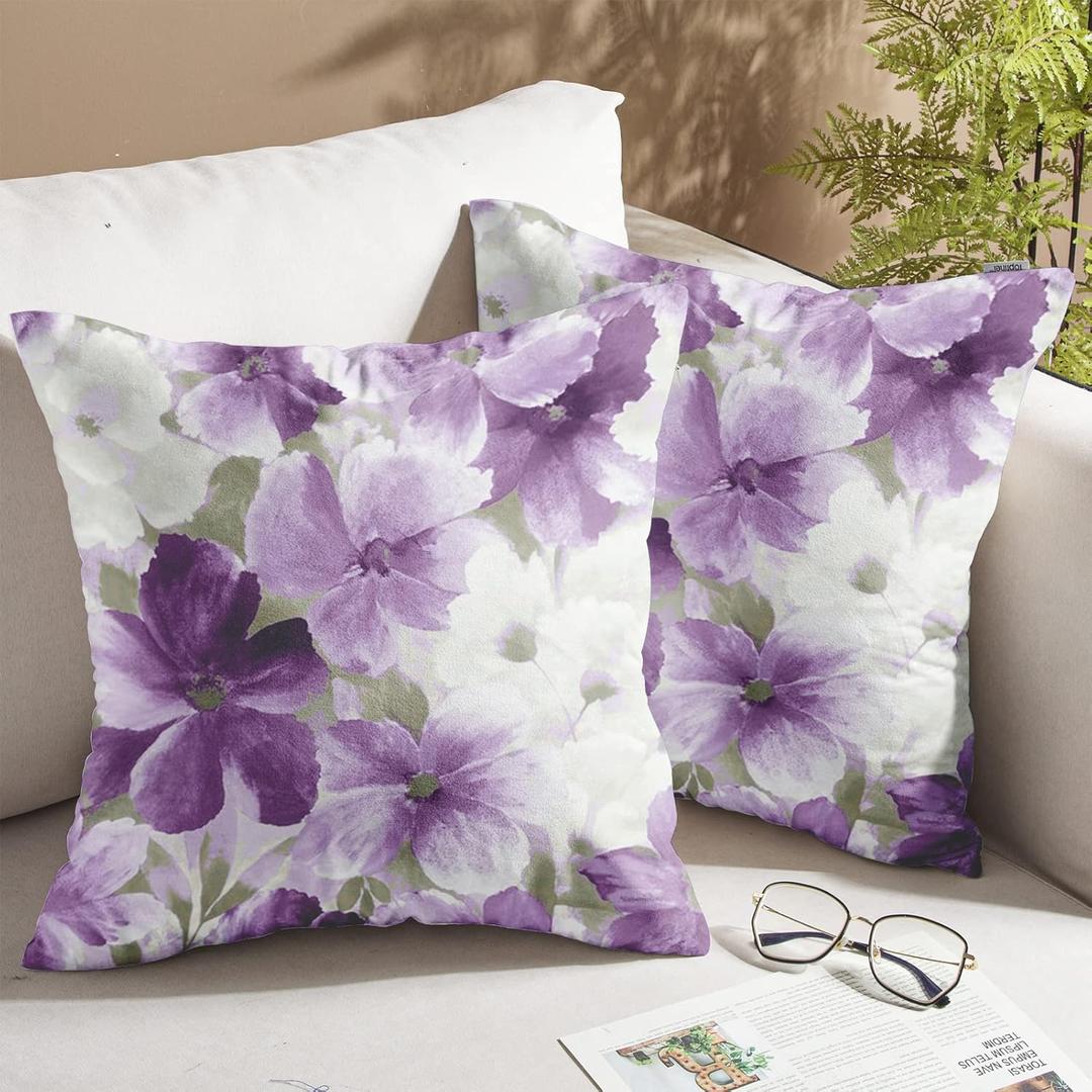 Purple Floral Throw Pillow Covers Set of 2 Decorative Watercolor Flowers Sofa Pillow Cases Square Cushion Cover for Couch Bedroom Living Room, Lilac, 18 X 18 Inch