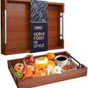 Modern Bamboo Serving Tray with Metal Handles  Stylish Wooden Ottoman Tray for Entertaining & Serving Food - Dark Brown, Eco-Friendly and Versatile Design (16.9")