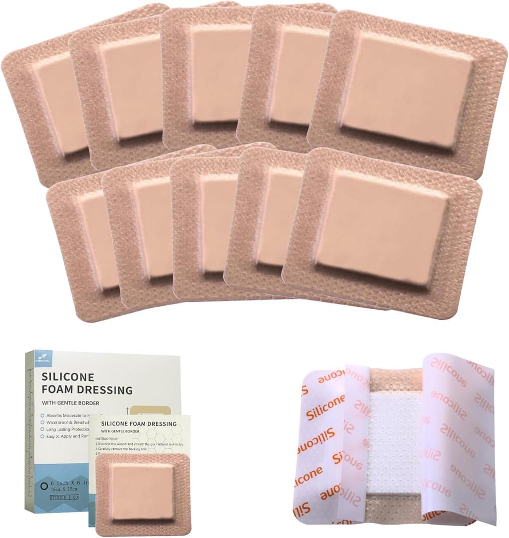 Silicone Foam Dressing 4x4 | Medical Grade Wound Care & Dressings | Waterproof Non-Stick Pads for Sensitive Skin (10 Pack) Medical Bandages for Post-Surgery, Bed Sores & Burns