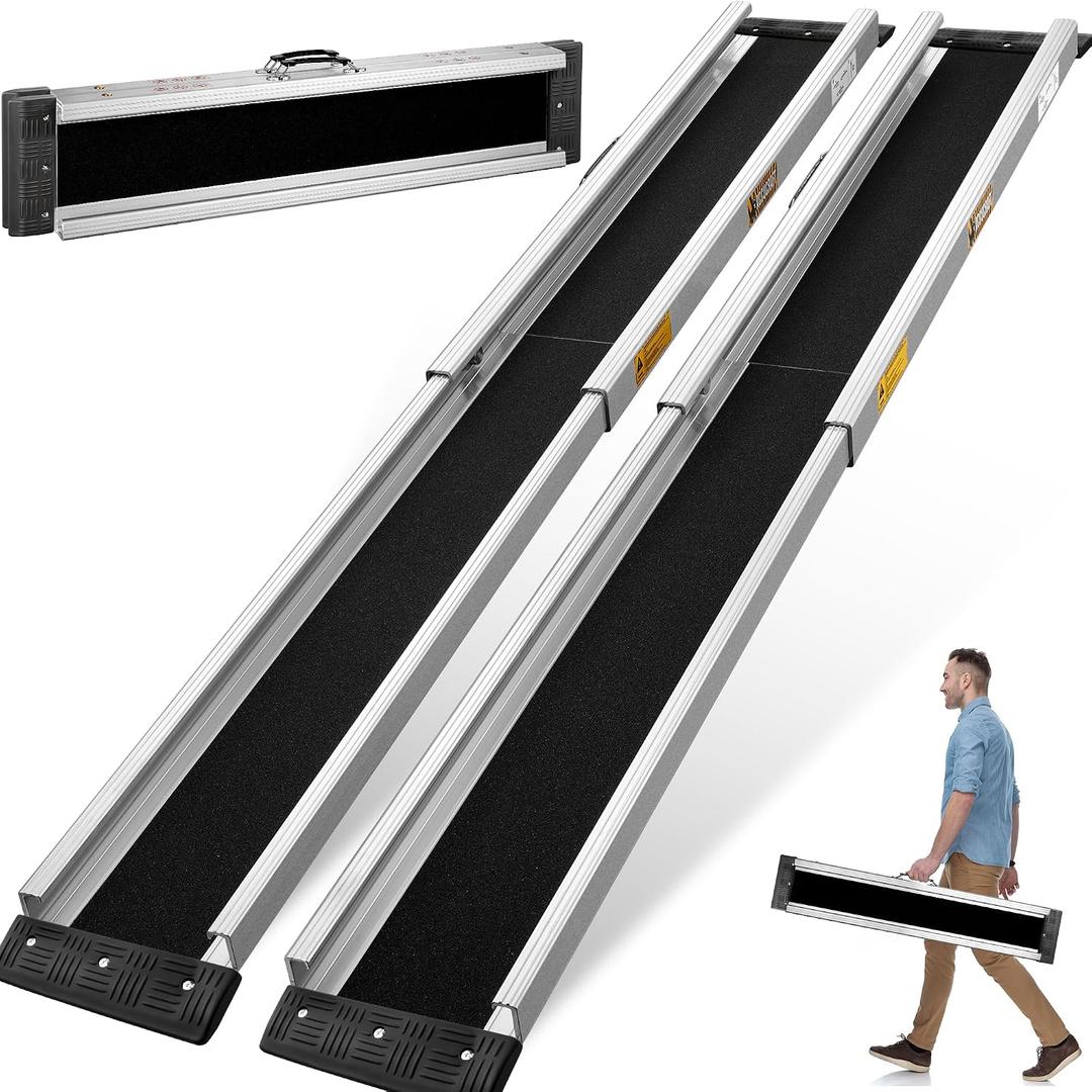 8FT Portable Wheelchair Ramp 2.0, 96"L x 7.2"W Aluminum Wheelchair Ramps for Home Steps, 1200LBS Capacity（2 Pack ）Telescopic Non-Skid Threshold Handicap Wheel Chair Ramp for Doorways, Stairs