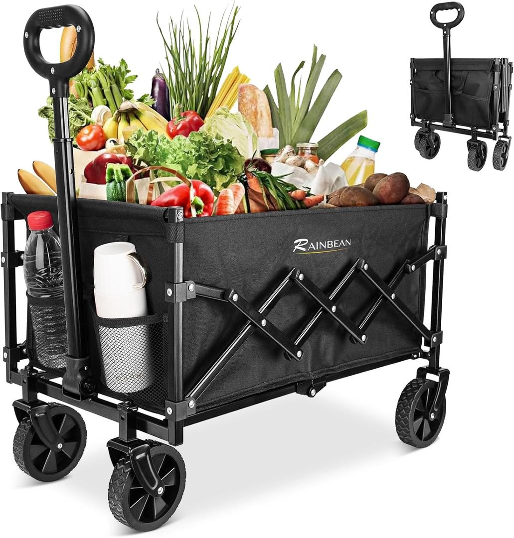 RAINBEAN Collapsible Wagon Cart Foldable Heavy Duty Folding Wagon Large Capacity Shopping Cart Utility for Camping Garden Beach Sports Fishing, Black (264lbs) (100L)