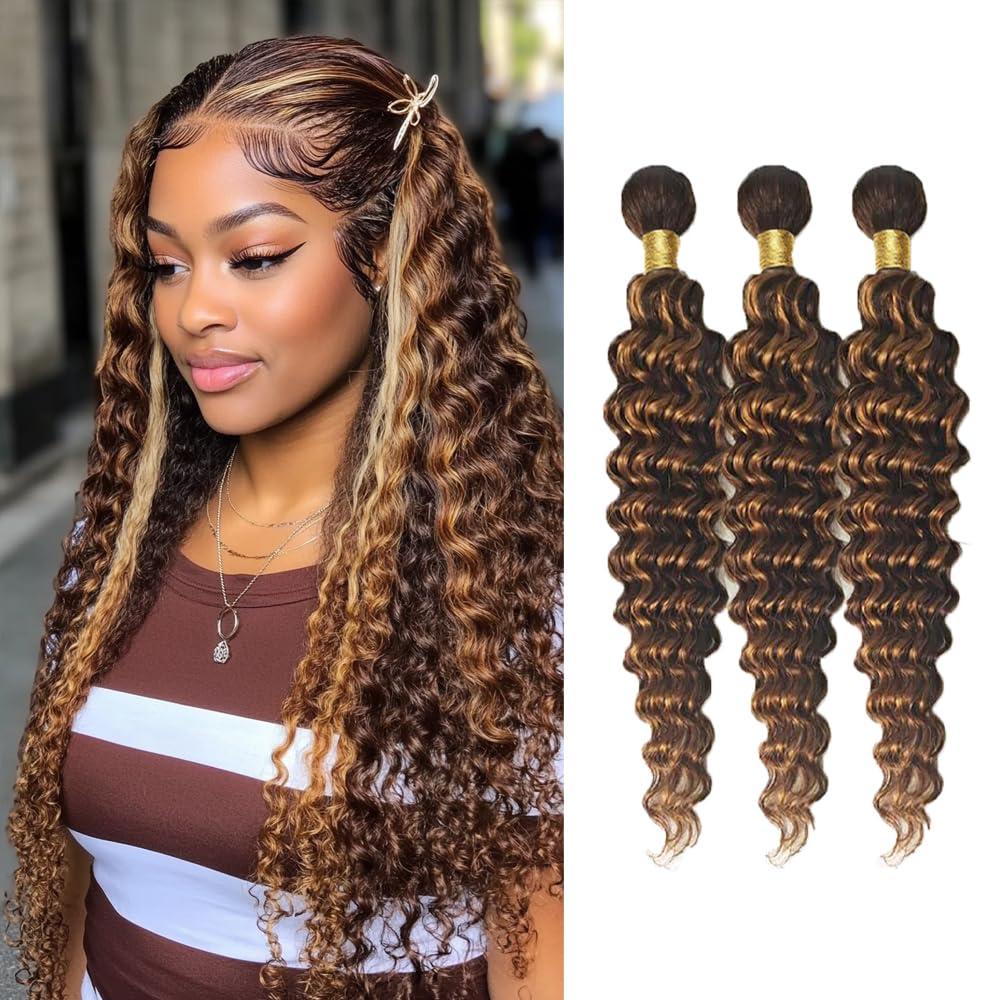 Highlight Brown Deep Wave P4/30 Human Hair Ombre Brown Deep Curly Bundles 8A Grade Brazilian Virgin Hair Two Tone Brown Mixed with Medium Auburn Hair Extensions 24 26 28 Inch