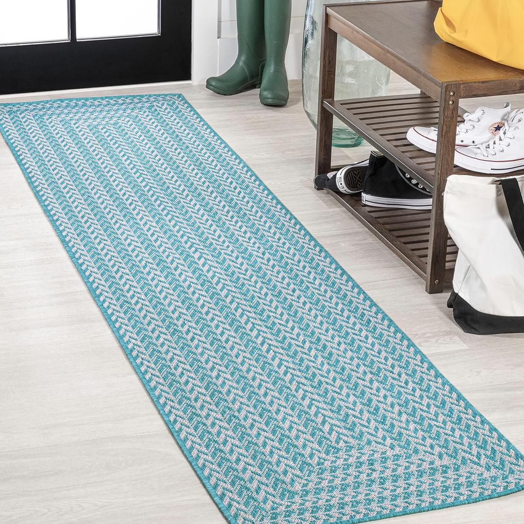 JONATHAN Y Concentric Squares Indoor Outdoor Runner Rug 2X8 Aqua/Light Gray, Chevron Modern for Backyard, Patio, Porch, Easy-Cleaning, High Traffic, Pet-Friendly, Non-Shedding (SMB206A-28)