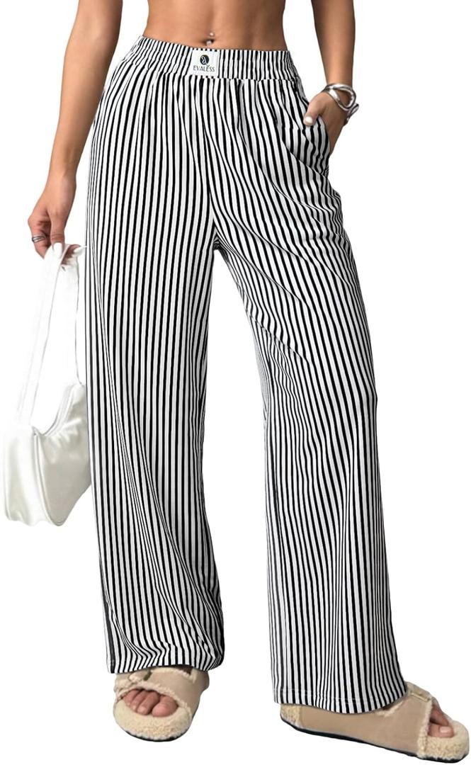 EVALESS Women's Striped Pants Spring Summer 2026 Comfy Pajama Pants High Waist Wide Leg Lounge Pants Lightweight PJ Bottoms L