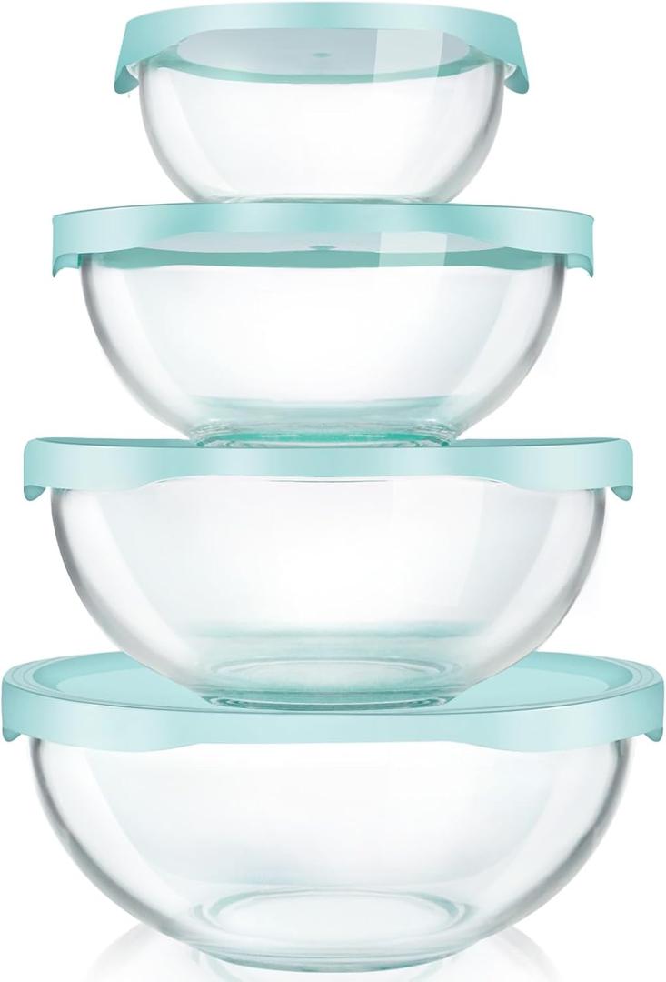 Luvan Borosilicate Clear Glass Mixing Bowls with Lids Set of 4 (0.53qt, 1.1qt, 2.1qt, 3.7qt), Space Saving Nesting Bowls Large Kitchen Salad Bowls for Meal Preping,Baking,Mixing,Dishwasher Safe (Transparent Green)