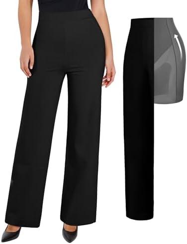 Popilush Dress Pants for Women Tummy Control 2 in 1 Work Slack High Waisted Wide Leg with Pockets Business Pants, 31"black, Large