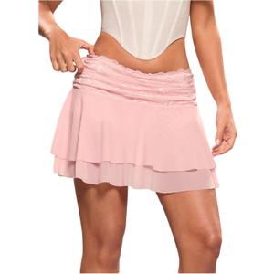 RoseSeek Women's Lace Mesh Y2K Going Out Skirts Layered Ruched Ruffle Low Waist Mini Skirt Coquette Streetwear Skirt Skort (Light Pink)