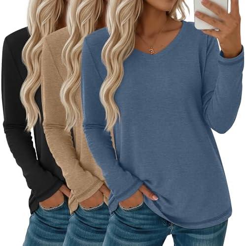 Oakgarden 3 Pack Women's Long Sleeve T Shirts, Casual V Neck Tops Loose Fit Basic Tees Soft Fall Tee Shirts 2025, Small