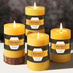 4 Packs Natural Beeswax Pillar Candles, 240-280 Hours Long Burning Pure Beeswax Candles Unscented Pillar Candle Dripless Bees Wax Candles for Home Emergency Paryer, 3x4in (Yellow)