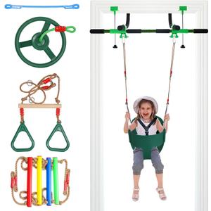 Doorway Swing for Kids & Door Pull Up Bar for Adults, Indoor Kid Swing with 4 Accessories, Multi-Function Doorway Gym, Fits Door Frame 24.41-30.51'' W x 3.94-6.69'' Thickness (Dark green)