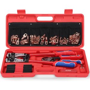 iCrimp Battery Cable Lug Crimping Tool Kit for 8-1/0 AWG,Cutter & Stripper | battery Terminal Crimper- 63pcs Copper Lugs & 25pcs Heat Shrink Tubes, Variable