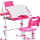 Real Relax Kids Desk and Chair Set, Children's Multifunctional School Tables with Tilt Desktop, LED Light, Metal Hook Pink