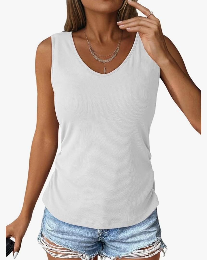 Dokotoo Tank Top with Built in Bra for Women Casual Summer Sleeveless Tops Slim Fitted V Neck Ruched Cami Shirts M Dokotoo Tank Top with Built in Bra for Women Casual Summer Sleeveless Tops Slim Fitted V Neck Ruched Cami Shirts M