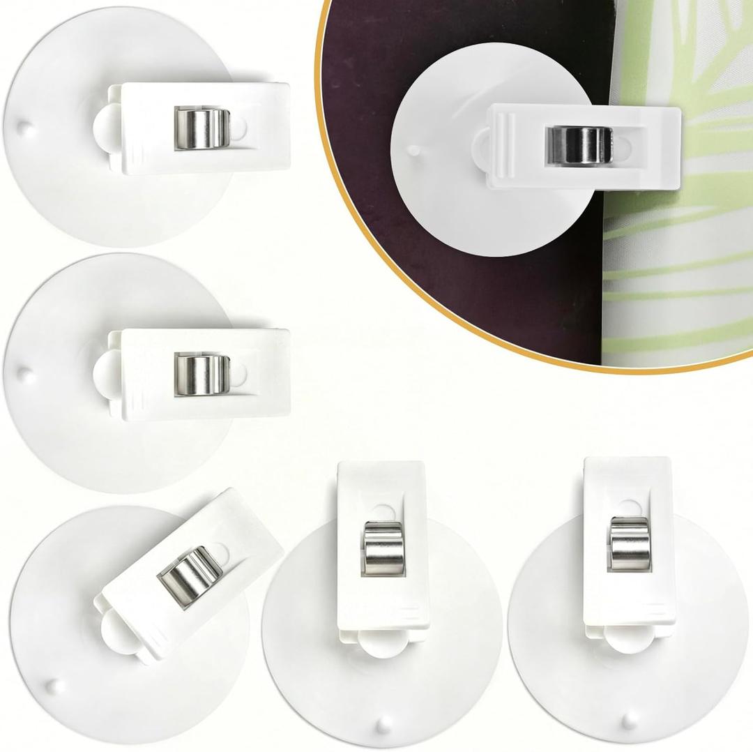 6 Packs Shower Curtain Clips with Suction Cup to Keep Liner Closed to Wall and Prevent Water Splashing Out, Self Adhesive Windproof Splash Holder, Easy to Use, Just Press Clip onto Wall