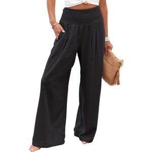 Palazzo Pants for Women Wide Leg High Waist Boho Summer Pants Casual Flowy Lounge Pants Travel Outfits (Small, Black)