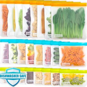 Reusable Food Storage Bags - 24 Pack Freezer Bags, Reusable Bags Silicone, Extra Thick Leakproof Reusable Lunch Bag for Salad Fruit Marinate Meats - 8 Gallon 8 Sandwich 8 Snack Bags (Multicolor)