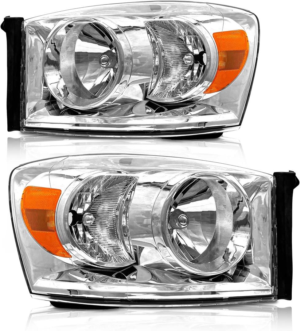 for 2006-2009 Dodge Ram Headlights Assembly for 2006-2008 Dodge Ram 1500, 2006-2009 Dodge Ram 2500/3500 Chrome Housing Amber Reflector Replacement Driver and Passenger Side