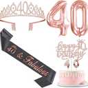 40th Birthday Decorations Women with Black 40th Birthday Sash and Crown, Cake Topper and Candles, Number Balloons Rose Gold, 40 Year Old Gifts for Women