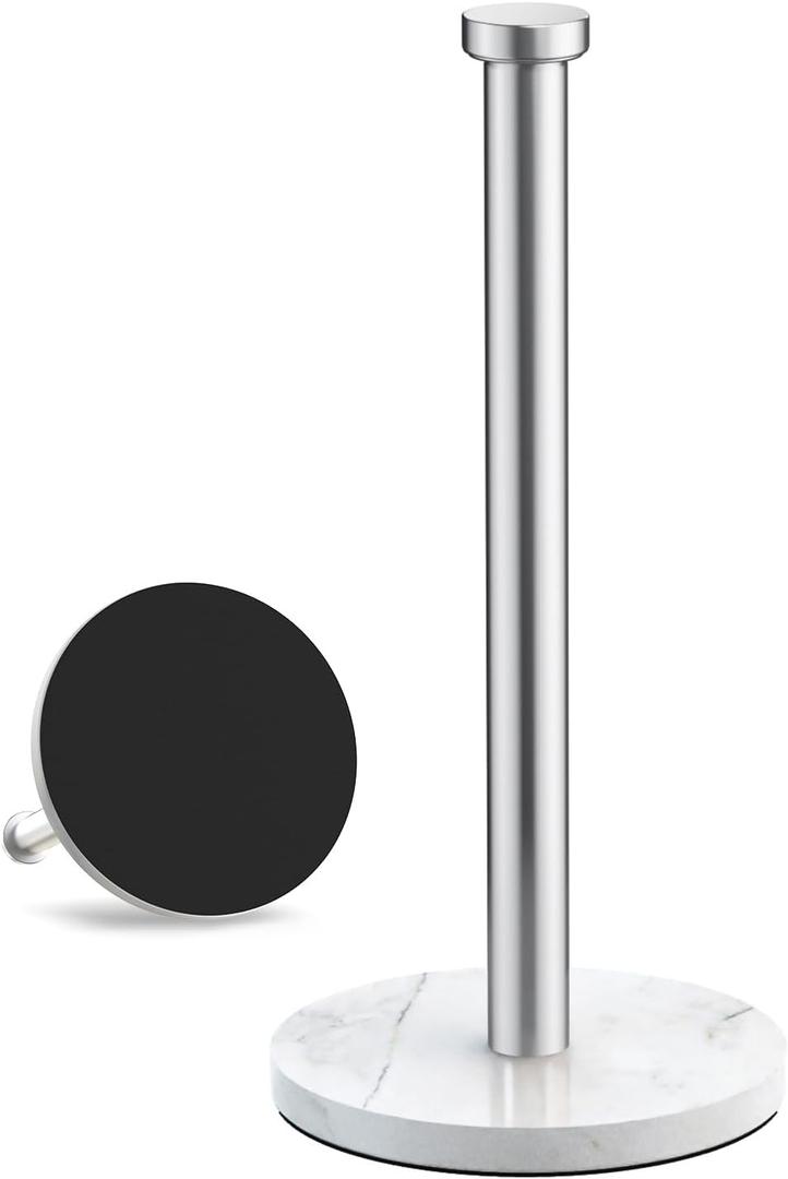 VEHHE Marble Paper Towel Holder for Kitchen Countertop, Standing Paper Towel Stand with Weighted Base & EVA Non-Slip Pad, for Bathroom or Kitchen (Silver)