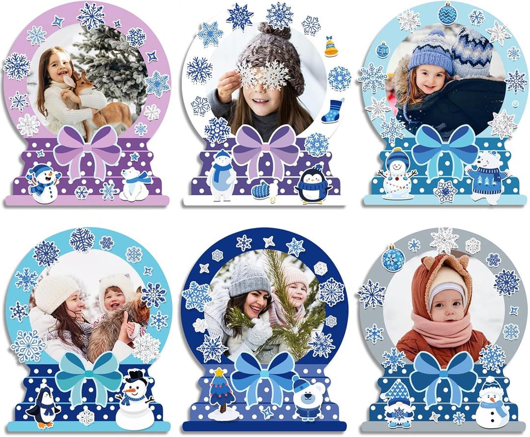 Winter DIY Craft Kits for Kids 24 Packs DIY Snow Crystal Ball Photo Frames Set with Stickers Paper Picture Frames Funny Winter Gifts Craft for Winter Christmas Party Favors Home School Game Activities