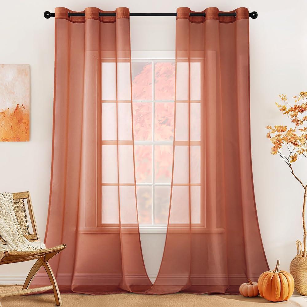 MIULEE Solid Color Sheer Curtains 96 Inches Long 2 Panels Set - Fall Terracotta Rust Lightweight Grommet Light Filtering Window Voile Drapes/Treatment for Bedroom Living Room W42 x L96, Burnt Orange