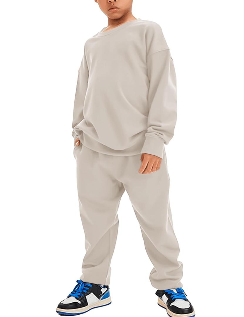 Flygo Boys Girls 2 Piece Outfits Fleece Kids Sweatsuit Crewneck Sweatshirt and Sweatpants Tracksuit Clothing Set(Beige-L) (L)