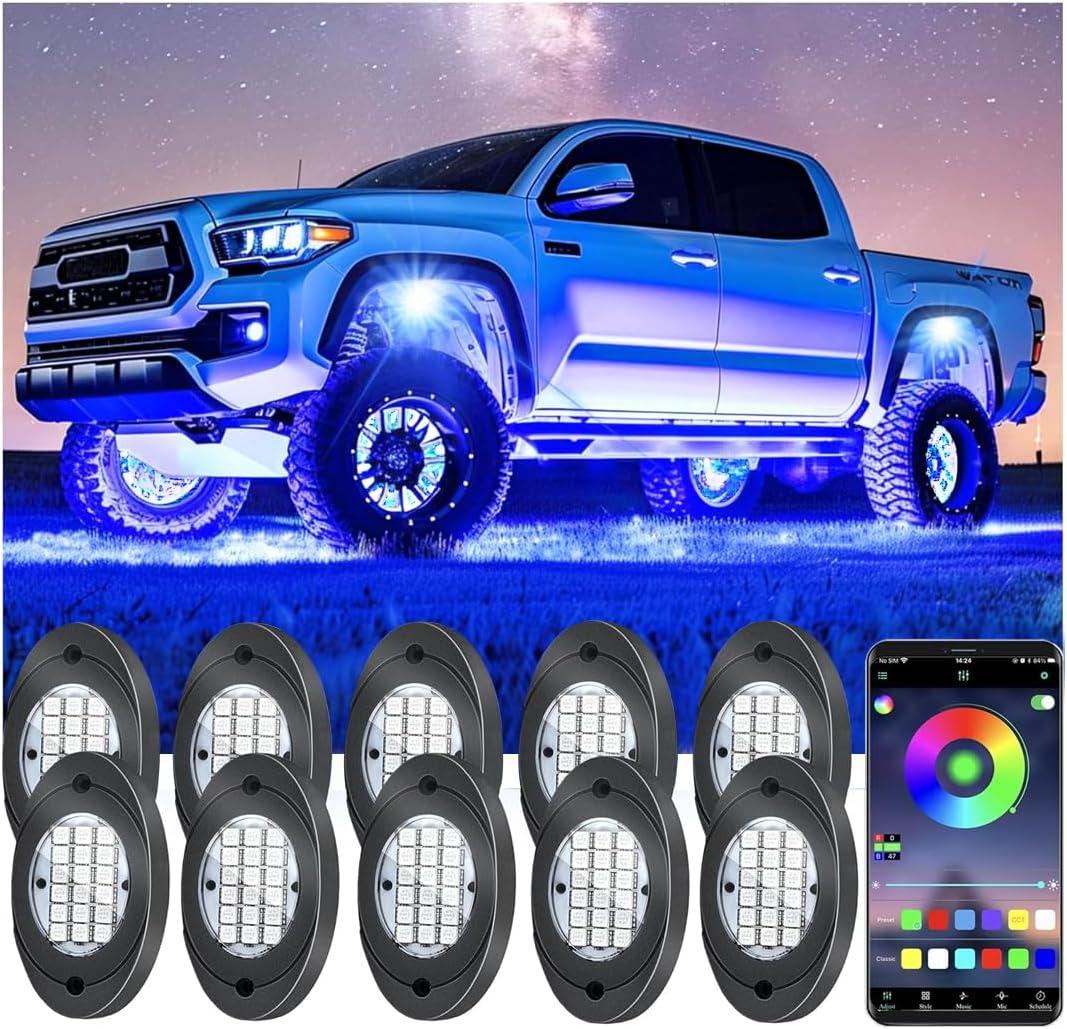 10 Pods RGB LED Rock Lights, Underglow Multicolor Neon Light Kit Wheel Well Light with APP Control & Music Mode, Under Glow Lights for Trucks,Jeep,SUV,Golf Cart,ATV,Pickup Off Road,12 V