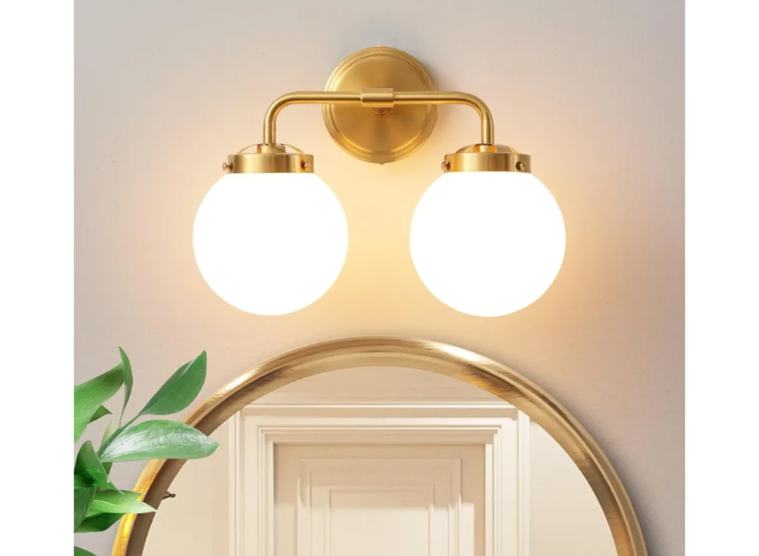 Bathroom Vanity Light Fixtures Over Mirror, Modern Brass Gold 2 Lights Wall Sconce Lighting with Milky Glass Ball Shades, Mid Century Farmhouse Bathroom Lighting