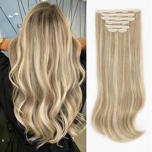 ALXNAN Clip-in Hair Extensions, Mixed Bleach Blonde - Thick, Long, Straight, Layered - 20 Inch Invisible Lace Weft