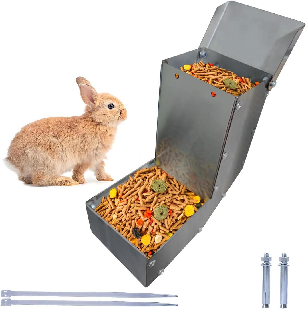 Outdoor Small Animal Stainless Steel Gravity Feeding Trough Pet Feeder Durable with Lid Cage Rabbit Feeder Holds Several Days Worth of Food (4 Inch