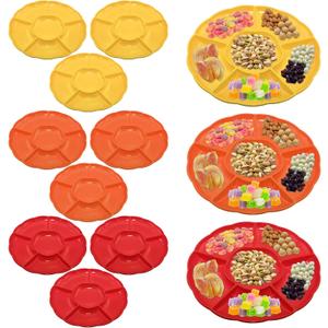 CAOXIAOXUYAO 12-Inch Round Plastic Serving Trays with 12 pack,6 Sectional Snacks Serving Dish Food Platters for Nut Candy Veggie Fruit Thanksgiving (12, Red Orange Yellow)
