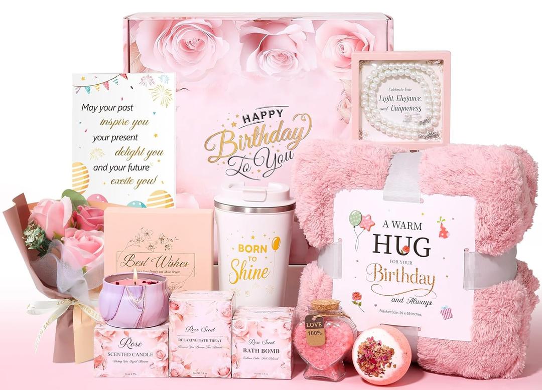 Birthday Gifts for Women, Unique Birthday Gift Basket for Women, Thoughtful and Relaxing Birthday Gifts for Mom, Wife, Sister, Best Friend, Her Self Care Box, Luxury Gift Set (Pink)