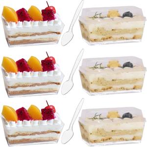 100 Set 140ml/4.8 oz Clear Dessert Cups with Lids and Spoons, Rectangular Dessert Cups, Mini Clear Appetiser Serving Bowls for Desserts, Mousse, Puddings