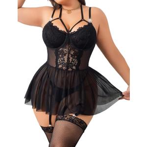 Plus Size Lingerie For Curvy Women Ruffle Lingerie Set Sexy Lace Lingerie Set Garter Belt With Stockings (Black) XL