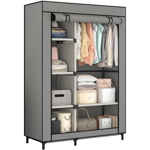 Calmootey Portable Closet Organizers, Clothing Storage, Wardrobe with 6 Shelves and Hanging Rod, Non-Woven Fabric Cover with 4 Side Pockets, Grey