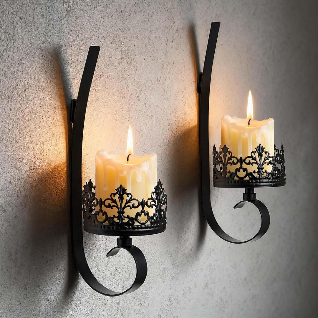 Set of 2 Black Wrought Iron Wall Mount Candle Sconces - Farmhouse Style Hanging Candle Holders for Living Room, Bathroom, Dining Room, and Window Decor (2, Black-A Style)