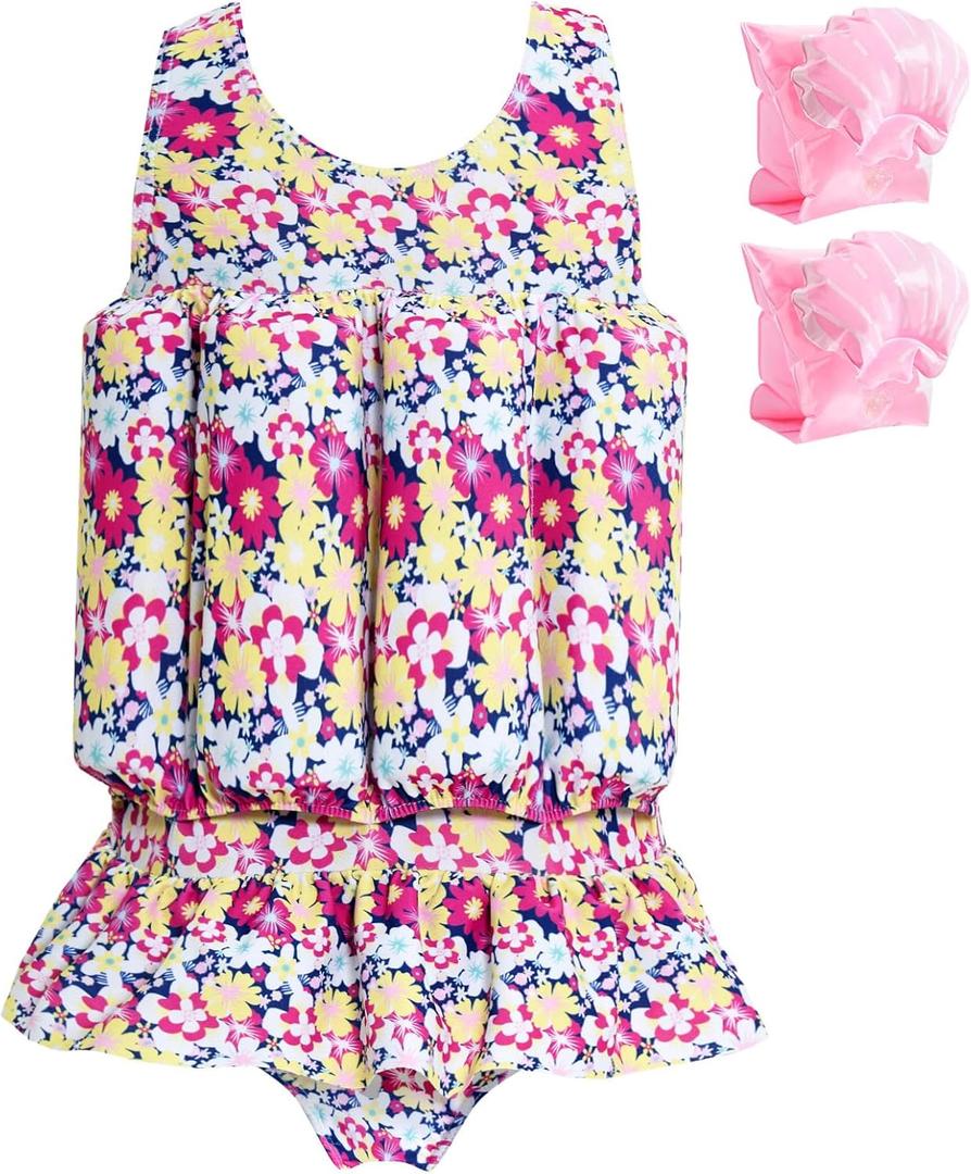 Baby Girls Swimsuit with Floatation Toddler One Piece Swimsuits Kids Swim Vest Swimwear Float Suit (4-5T, Colorful)