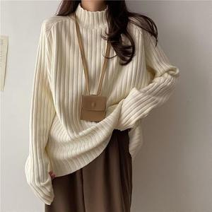 Women's Loose Fit Sweater Semi-Turtleneck Pullover Soft Knit Top Cozy Fall Winter Casual Wear Chunky Knit Relaxed Style (Apricot,X-Large)