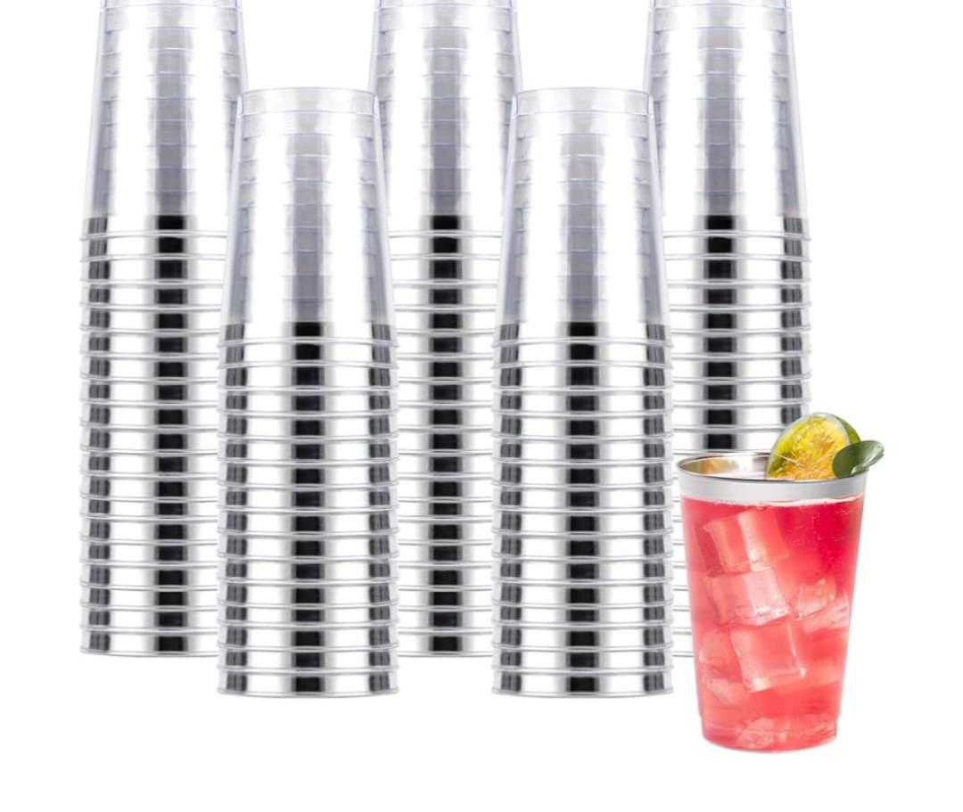 Goodluck 100PCS 10oz Plastic Cups for Party, Disposable Silver Plastic Cups, Cocktail Glasses for Wedding Thanksgiving, Christmas, and Parties