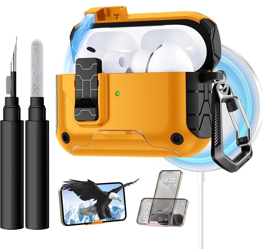 Lerobo for AirPods Pro 3 Case, (Compatible with MagSafe) with Phone Stand & Cleaning Kit, Full Drop Protection Magnetic Lock Cover Case Compatible for Apple AirPods Pro 3rd Generation, Black Yellow