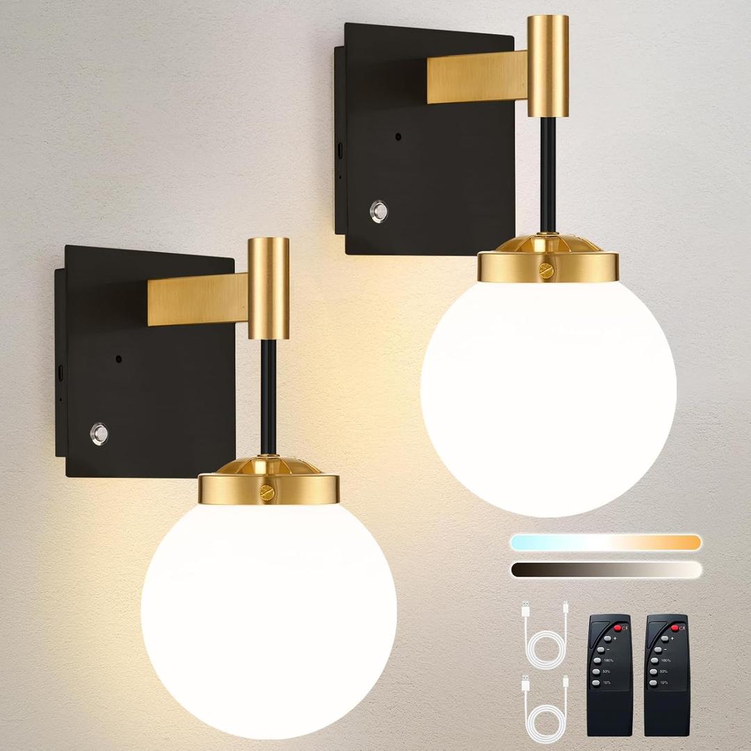 Black Gold Battery Operated Wall Sconce Set of 2, 3000K/4500K/6000K Rechargeable Wall Light with Remote Control, Wireless Wall Lamp with Milk White Glass Lampshades for Living Room, Bedroom 2 Pack
