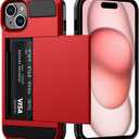 Vofolen for iPhone 15 Case with Card Holder, Dual Layer Heavy Duty Shockproof Wallet Phone Case, Hidden Sliding Card Slot Protective Hard Back Shell Slim Case Cover for iPhone 15, 6.1 Inch Red