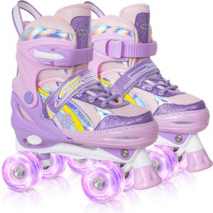 Nattork Kids Roller Skates for Girls, 4 Size Adjustable Rainbow Quad Skates with All Light Up Wheels - Best Birthday Gift for Outdoor Sports (Small(10C-13C), Purple)