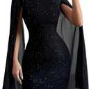 SOLY HUX Women's Sparkly Glitter Bodycon Mini Dress Sequin Long Bell Sleeve Mock Neck Prom Cocktail Party Dresses (Large, Pure Black)