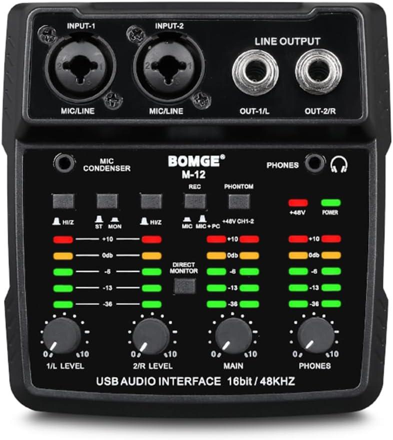 BOMGE M12 USB Audio Interface, 2-Channel Mixer, XLR/3.5mm Input, 48V Power Supply, Sound Card for PC Recording, Studio, Live Show, Karaoke, Plug & Play