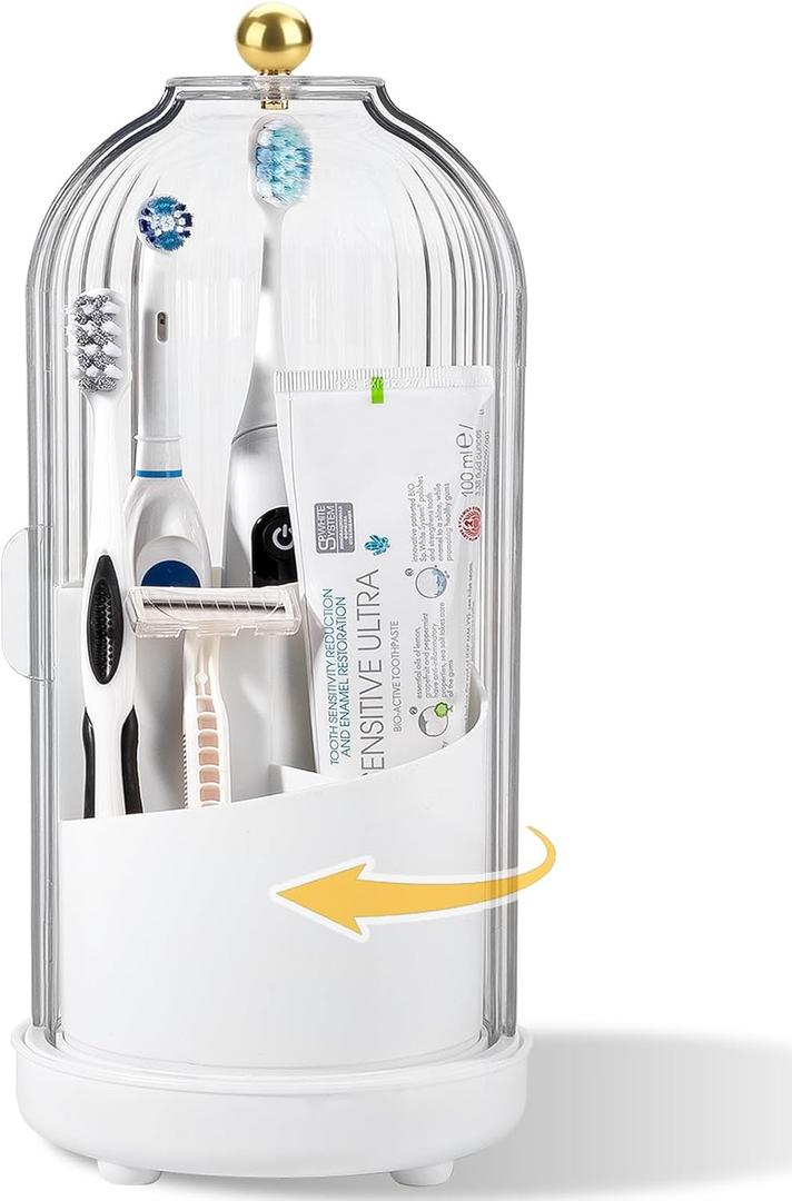 Rotating Toothbrush Holders with Cover, Dustproof Toothbrush Holder with Sliding Lid Electric Tooth Brush and Toothpaste Organizer for Bathroom, Makeup Brush Holder for Vanity, White