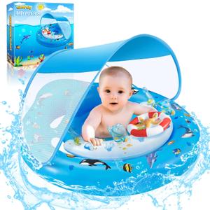 Baby Pool Float with Canopy UPF50+ Sun Protection, Inflatable Kids Pool Floats with Toy Play Console for Baby 6-36 Months, Infant Swimming Float with Adjustable Safety Seat for Boys Girls (blue)